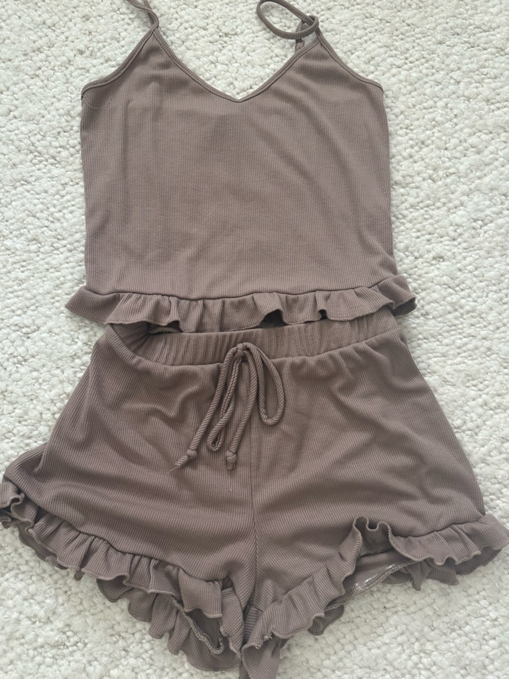 Ruffled Ribbed Tank & Shorts Set - Taupe